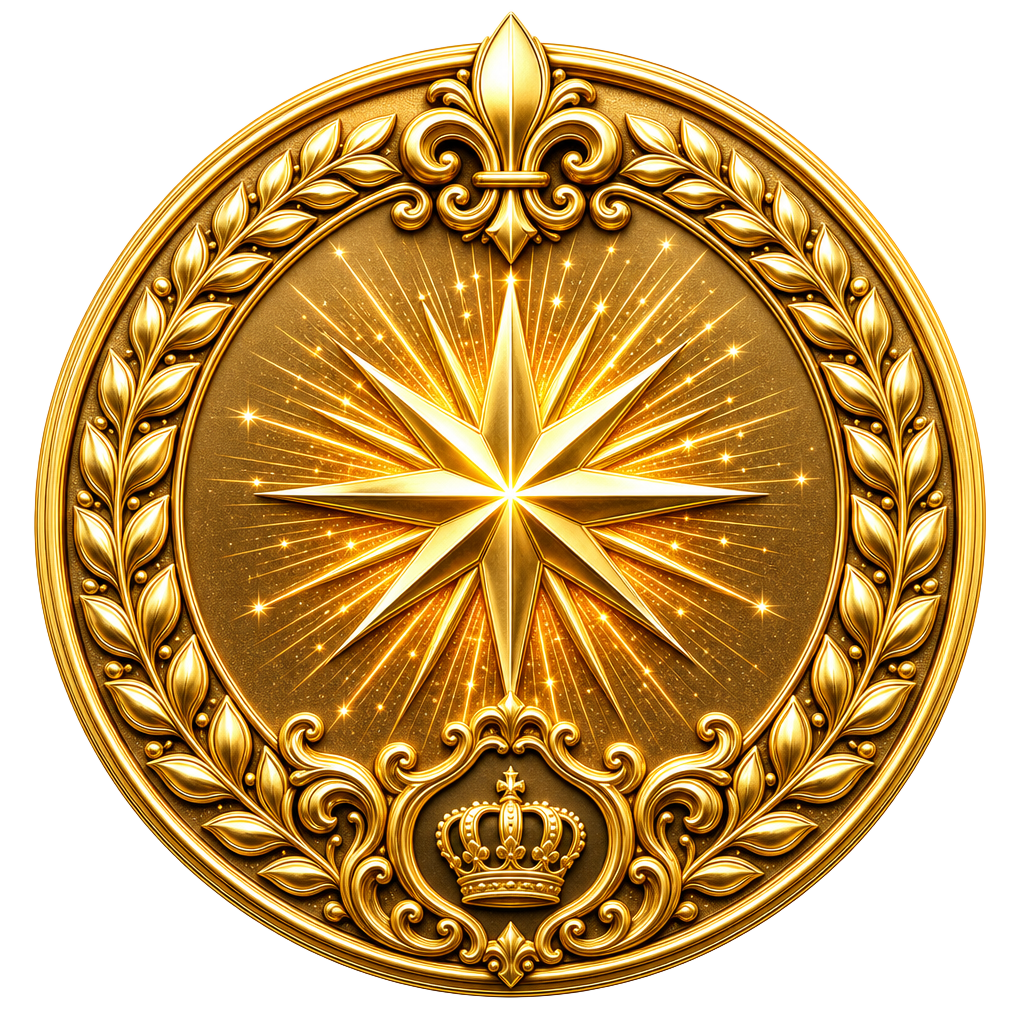 The Serendipitous Distinction Award medallion — a golden radiant star seal crowned with a regal crest